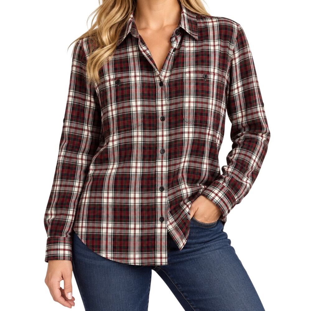 Ralph Lauren Jeans Women 1X Red Green Long Sleeve Christmas Blouse Shirt Top